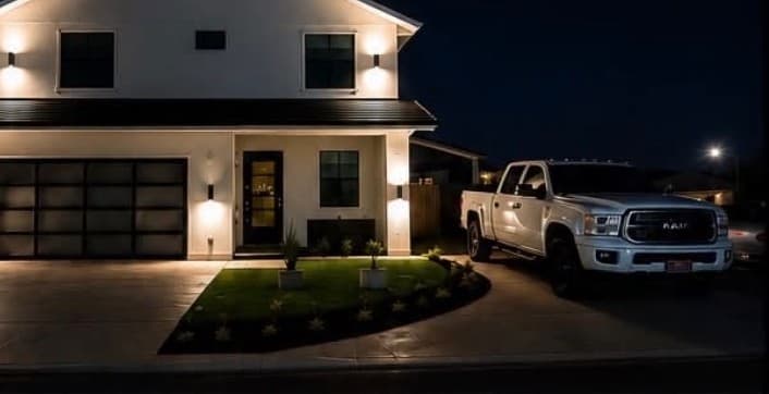 Finished two-story home at night with a lit driveway